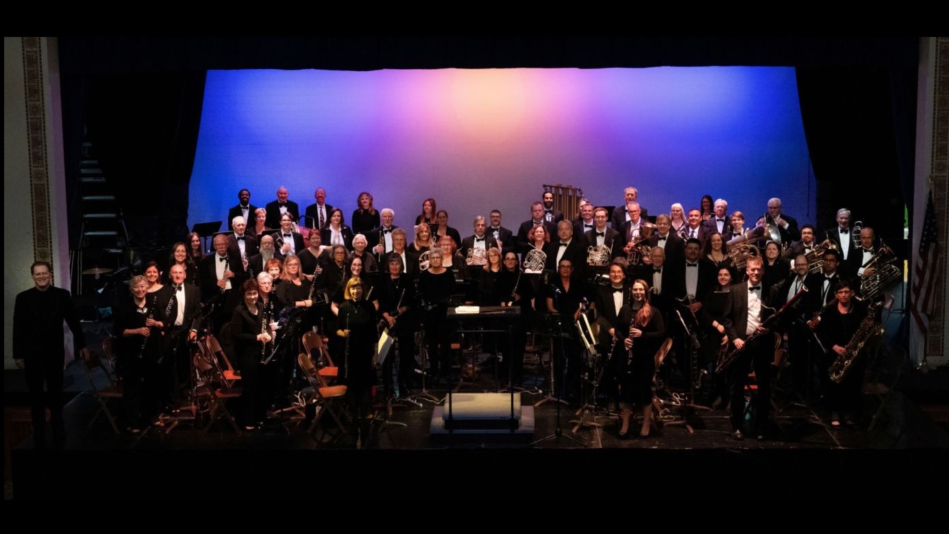 photograph of full band standing on the stage at Cutting Hall in Palatine, IL
